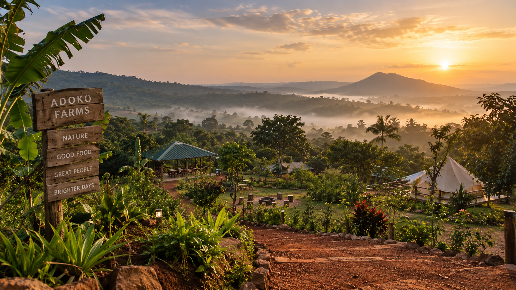 Green hills and trees surrounding Adoko Farms